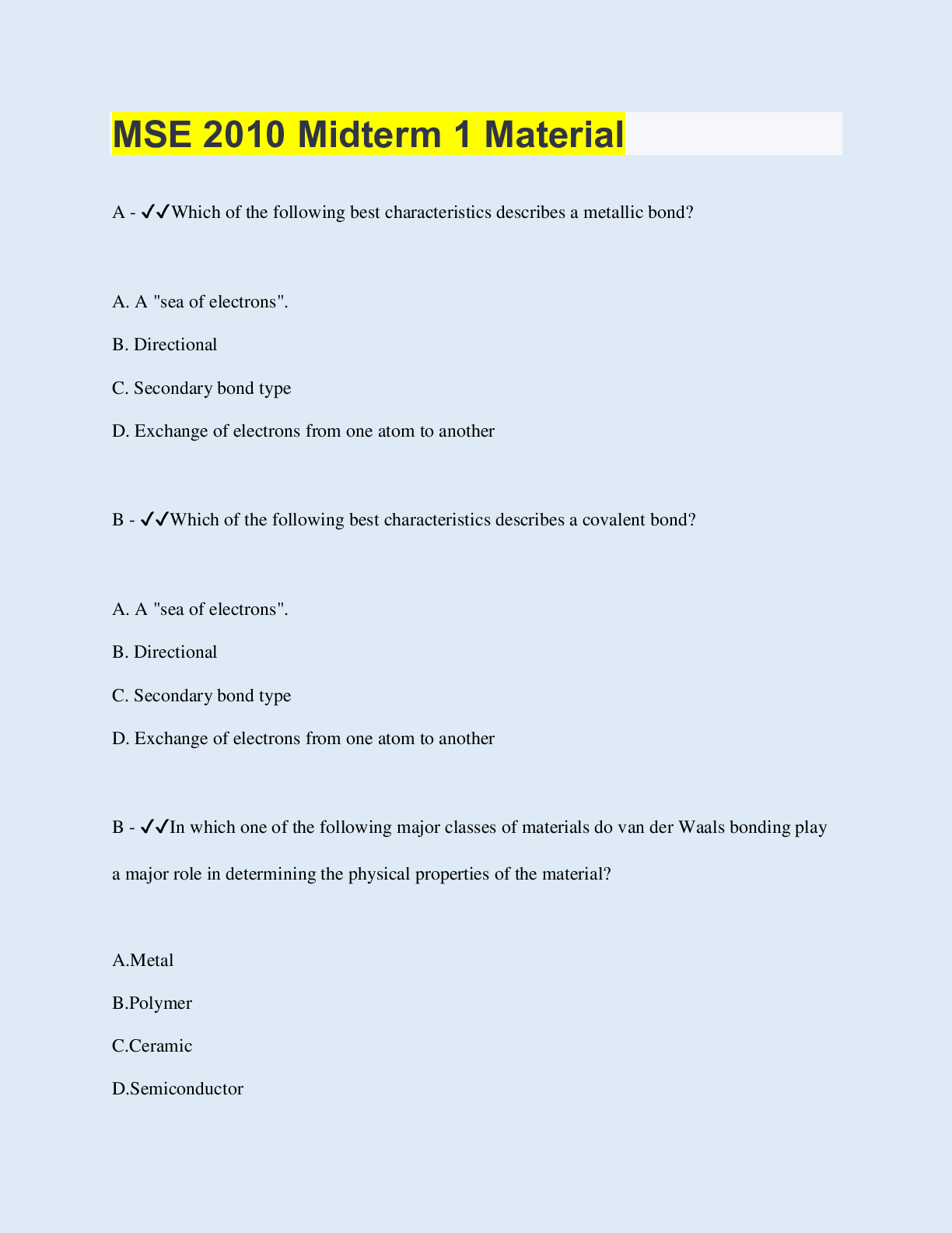 Preview image for MSE 2010 Midterm 1 Material |  50 Questions with 100% Correct Answers | Updated 2023